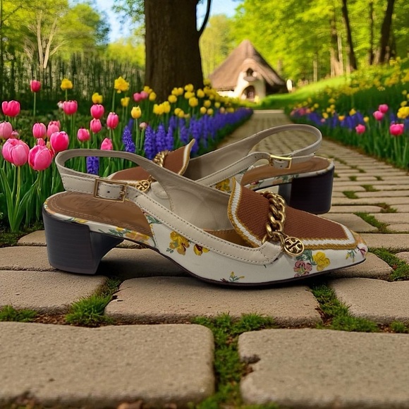 Tory Burch Mini Benton Charm Floral Chain-Embellished Slingback Heels size 6 M - Picture 11 of 12